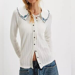 🔥NWT Free People Juniper Embroidered Pointelle Cotton Button-Up Top Size XS
